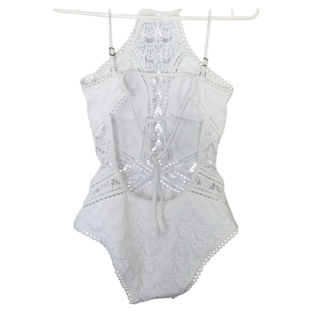 🤍 BECCA Prarie Rose WHITE High Neck Halter CROCHET LACE One Piece SWIMSUIT | S - Picture 14 of 15